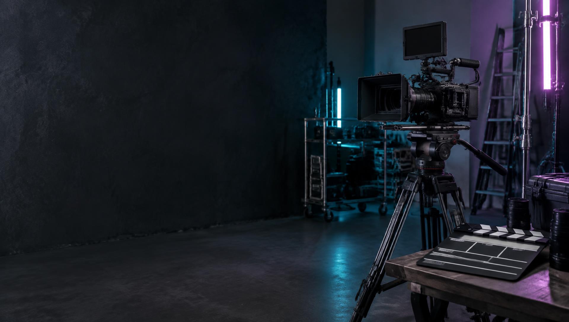 Cinema camera and clapperboard on a production set
